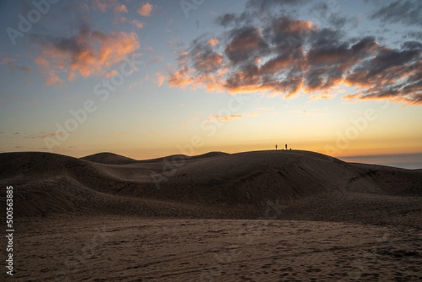 Fototapeta Horizontal shot of colorful sunset on the dunes of Concón and silhouettes in the background, Chile