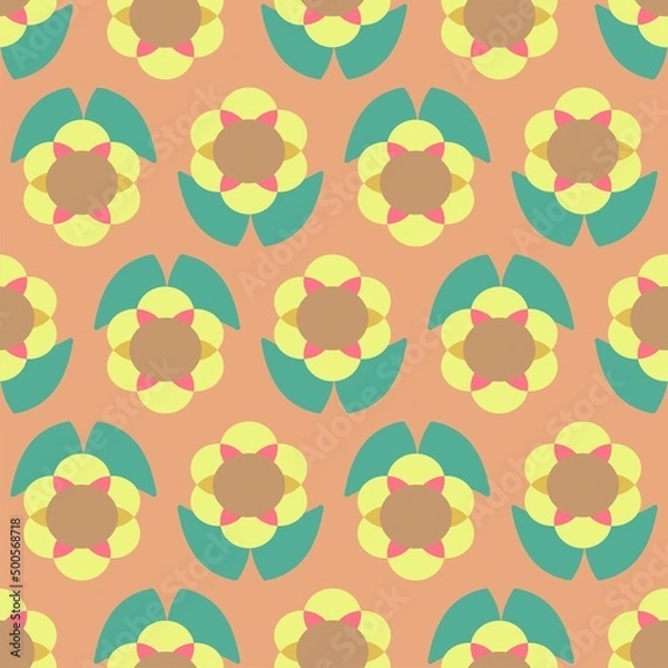 Fototapeta Cute and simple graphic floral vector repeat pattern in orange, yellow and green