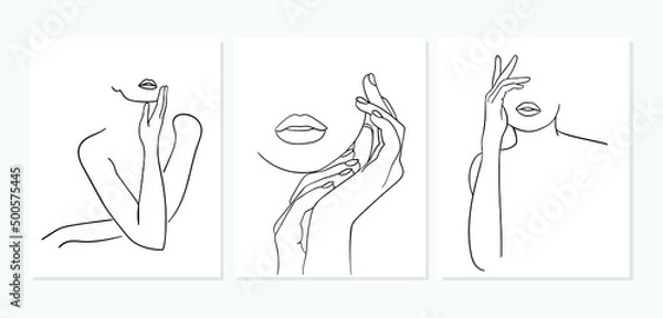 Fototapeta Set of Minimal line art woman with hand on face. Black Lines Drawing. - Vector illustration