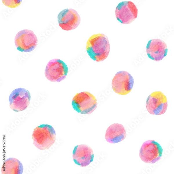Fototapeta クレヨンで描いた、カラフルな水玉、ドットのシームレスな背景模様テクスチャ