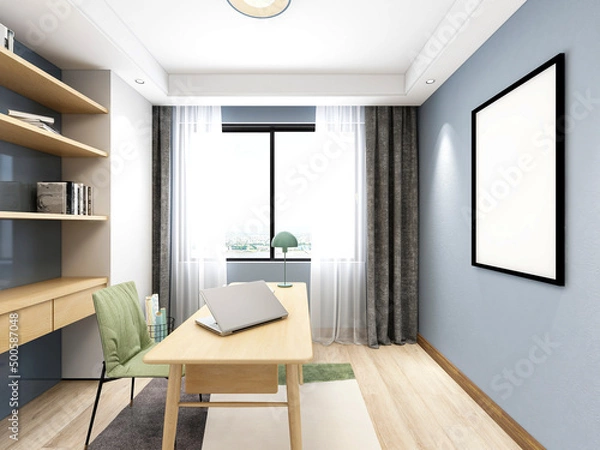 Fototapeta 3D rendering. There are wardrobes, cupboards, mirrors and green plants in the study of the family house.