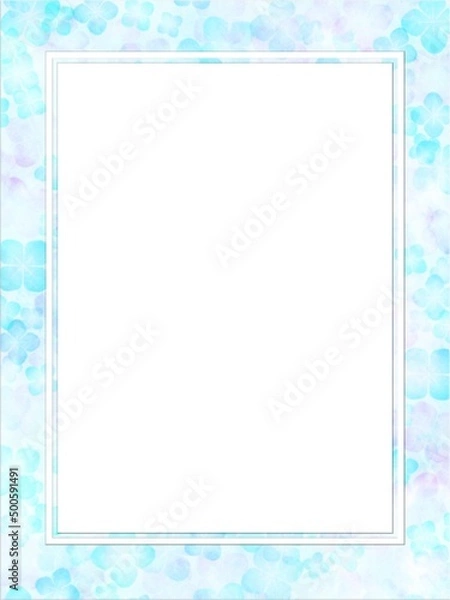 Fototapeta 水彩タッチの水色のアジサイの花のピクチャーフレーム