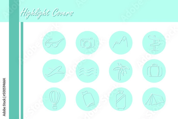 Obraz Set of vector icons for highlight covers for travel blog on green background
