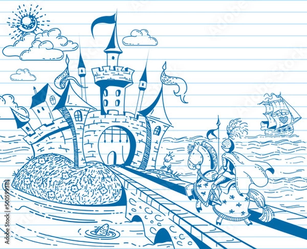 Fototapeta Cute and lovely hand drawn doodle ink landscape with castle, knight, ship, sea and flowers on the background of the notebook sheet in vector.