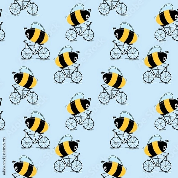 Fototapeta Funny bees on a bicycle. Seamless pattern. Ready design for clothing, fabric and other items. Digital Illustration.