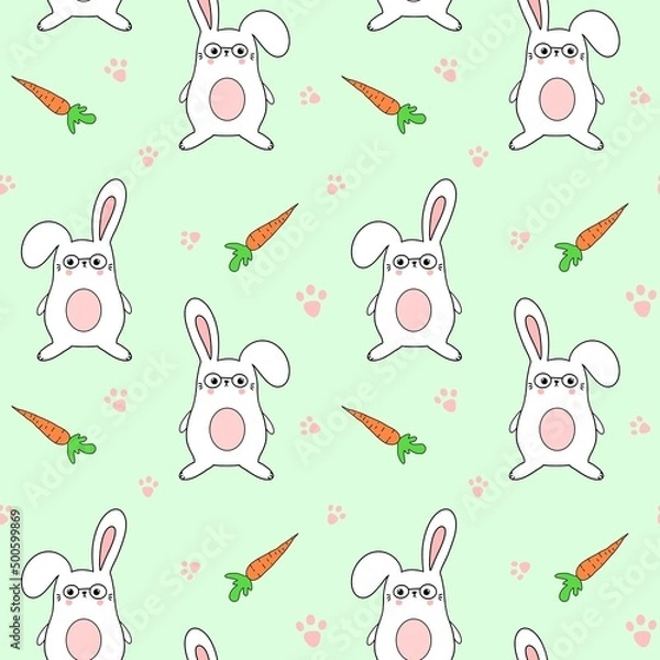 Fototapeta Seamless pattern with funny bunnies and carrots. Design for clothing fabric and other items.