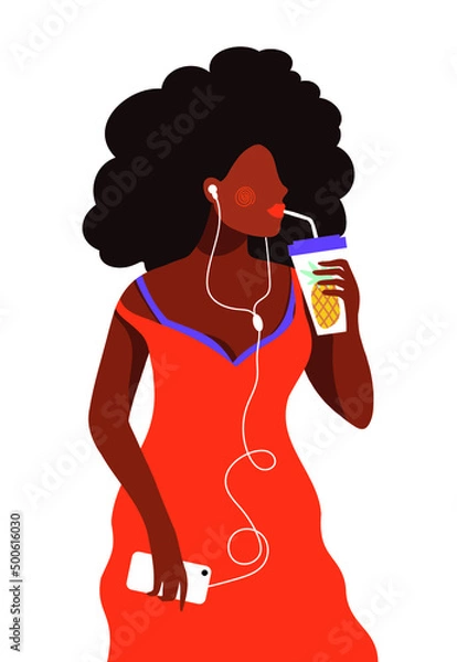 Fototapeta African American slender young woman with curly black hair wears red dress, drinks a smoothy fruit drink with straw, listens to music with earphones connected to her mobile - flat vector illustration