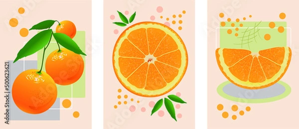 Fototapeta A set of vector posters with oranges. Juicy orange fruits in a modern style