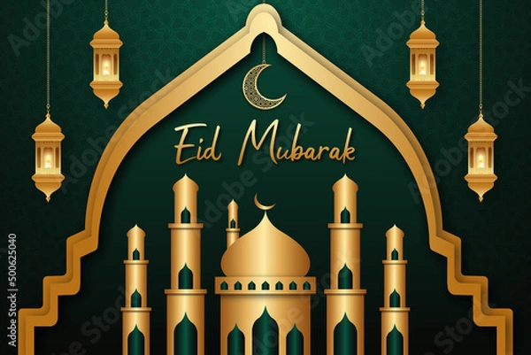 Fototapeta Eid mubarak luxurious background design template with golden elements mosque and moon