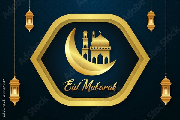 Fototapeta Eid mubarak luxurious background design template with golden elements moon and mosque