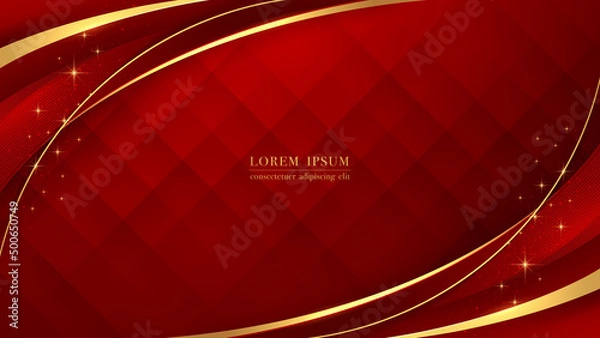 Fototapeta Luxurious golden curve line with glittering light on red abstract background. Vector illustration