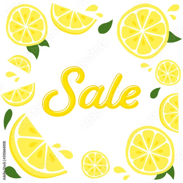 Fototapeta ポップなセールのデザイン文字とレモンの飾りフレーム