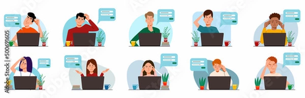 Fototapeta A set of concepts of people thinking on a laptop. Forgot your password and login for the account on the web page. Flat vector illustration.