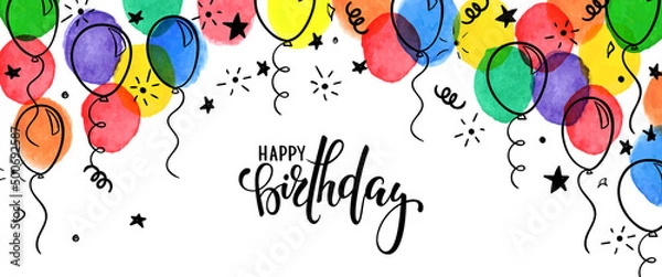 Obraz birthday banner. frame hand drawn cartoon watercolor balloons symbols of birthday party. design holiday greeting card and invitation of birthday and holidays background