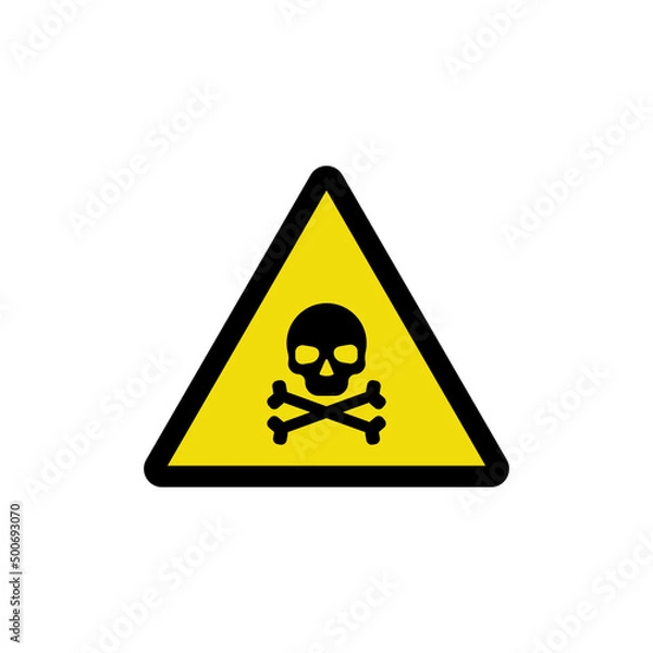 Fototapeta Danger symbol, poison or chemicals, toxic hazard. Skull and crossbones in a yellow triangle. Death warning, chemical hazard. Vector icon isolated on white background