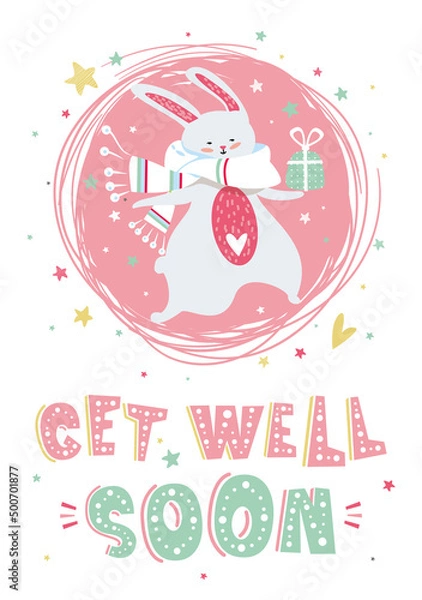 Fototapeta Motivational poster with hand drawn lettering "Get well soon". Cute artwork for greeting card, inspirational banner, print. Vector background with positive quote and bunny.