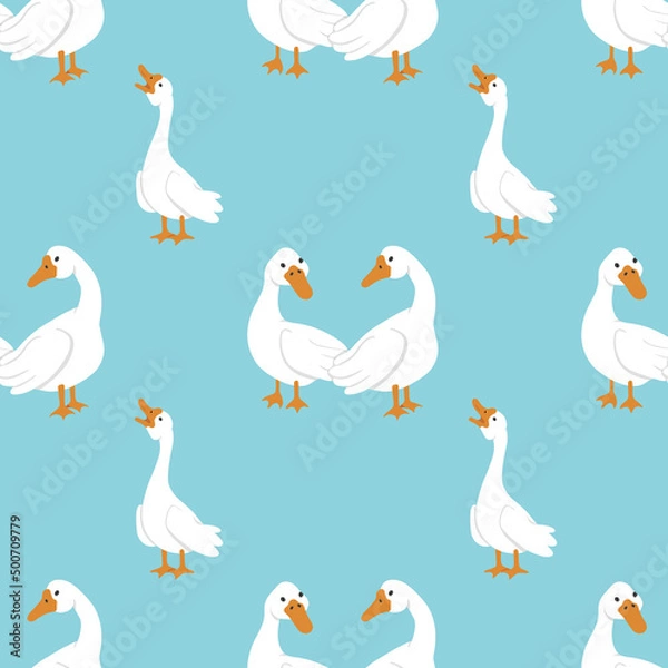Obraz Vector seamless pattern with white geese on a blue background. A pair of geese look at each other and a cackling goose. Bright print for fabrics, wrapping paper, design, etc.