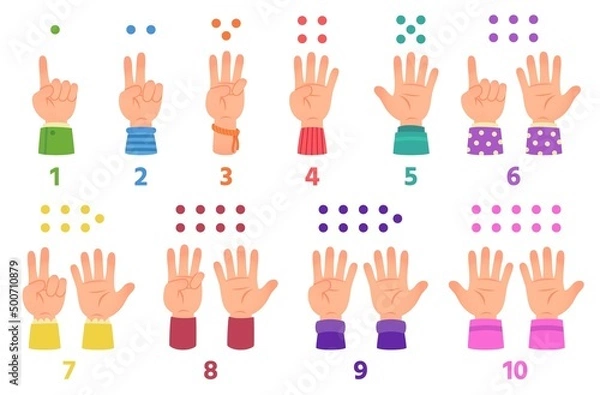Fototapeta Cartoon kids hands count with fingers from one to ten. Counting gestures, children hand with sleeves. Numbers studying, learning basic math vector set