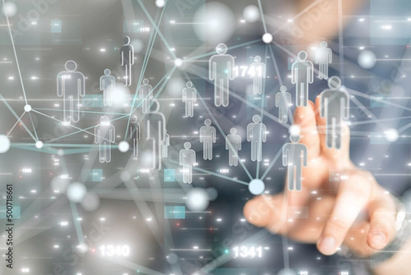 Fototapeta holding 3D rendering group of blue people