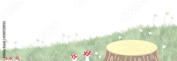 Obraz wooden desk in green grassy field with mushroom and feather fingergrass on white background