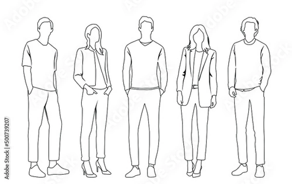 Fototapeta Vector silhouettes of  men and a women, a group of standing  business people,  linear sketch, black, gray and white color isolated on white background