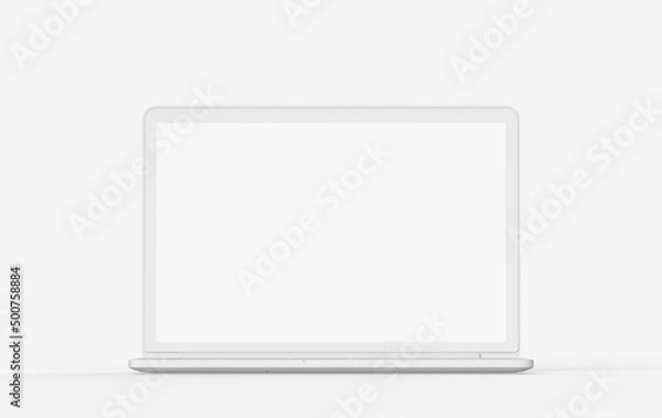Fototapeta Laptop gray white object on backgrounds. Computer mockup business online minimal concept. 3D rendering.