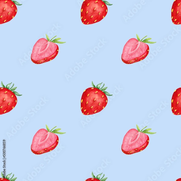 Fototapeta Watercolor pattern with strawberries on a blue background