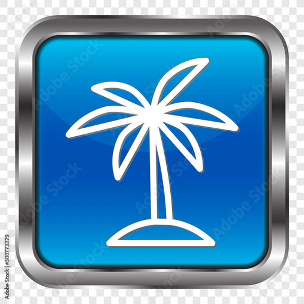 Fototapeta Palm tree simple icon. Flat design. Metal, blue square button. Transparent grid.ai