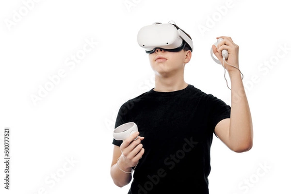 Fototapeta portrait of asian man wearing virtual reality goggle.