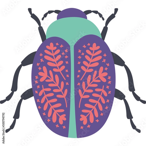 Fototapeta Bug with flowers. Decorative beetle botanical design. Insects for posters and cards. Bright vivid colors. Hand drawn insects symbol icon
