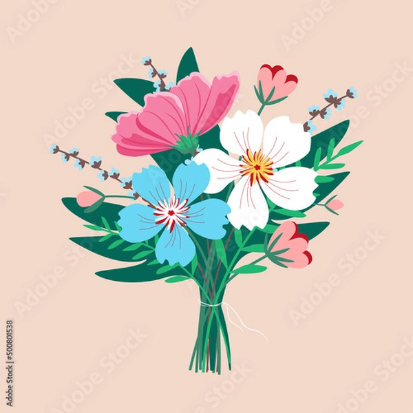 Fototapeta Bouquet of spring field flowers. Vector flowers are tied with a ribbon into a bouquet. Summer bloom. Beautiful garden flowers in foliage and twigs on an isolated beige background