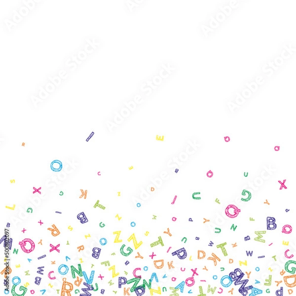 Obraz Falling letters of English language. Colorful messy sketch flying words of Latin alphabet. Foreign languages study concept. Sublime back to school banner on white background.