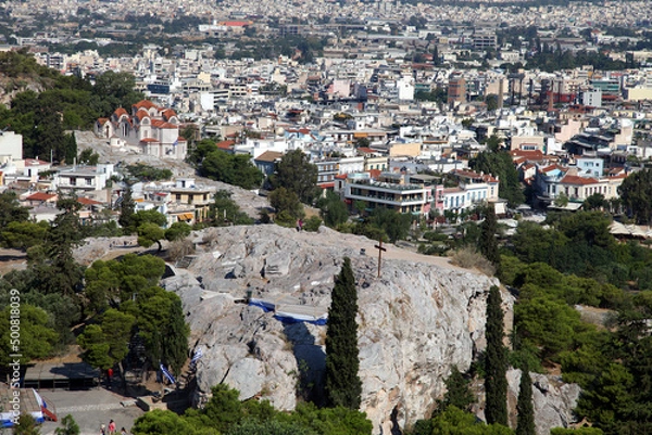 Fototapeta Areopagus (Mars Hill) behind Athens City from Acropolis in Greece. Mars Hill is a prominent site located 140 feet below the Acropolis.