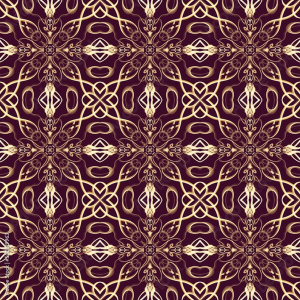 Obraz Seamless ornamental royal surface pattern in golden color with maroon background. Use for fashion design, clothing, fabrics, home decoration, bedding, wallpapers, invitations and greeting cards
