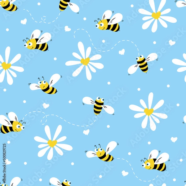 Obraz Daisy and bee seamless pattern. Flowers, petals and cartoon bees on a blue background. Vector. 