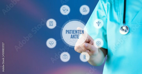 Fototapeta Patientenakte. Arzt zeigt auf digitales medizinisches Interface. Text umgeben von Icons, angeordnet im Kreis.