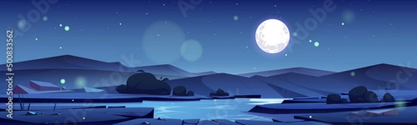 Obraz Summer valley with river and mountains on horizon at night. Vector cartoon illustration of nature landscape with water stream, bushes, rocks, and full moon in sky