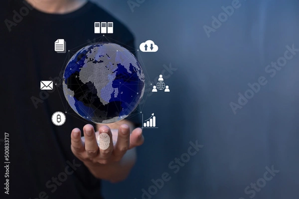 Obraz Businessman do online transactions with internet technology, concept of global data connection by internet technology, big data, searching for information, online marketing.