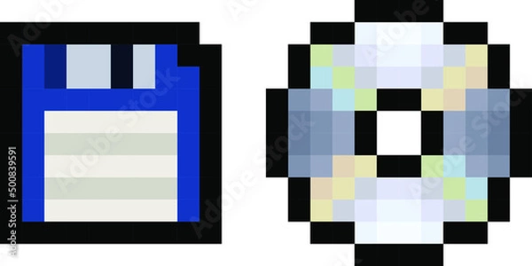 Fototapeta Pixel floppy and CD or DVD disc - isolated 8 bit vectors