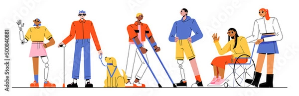 Fototapeta Diverse handicap people group, disability concept. Disabled character on wheelchair, man on crutches, woman with leg prosthesis, blind guy with stick and guide dog, Linear flat vector illustration