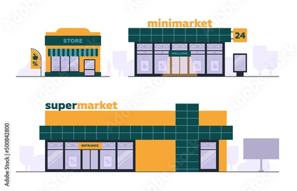 Obraz The shops. Architecture. Supermarket, mini market, convenience store. Set of commercial buildings. Vector image.