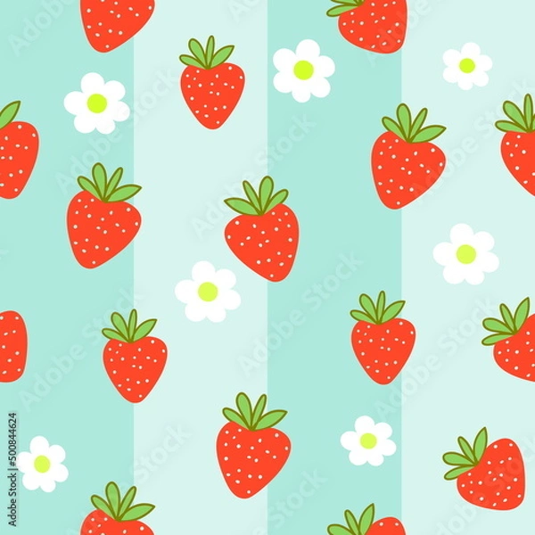 Fototapeta Seamless pattern with strawberry vector drawing. green background , strawberries and flowers summer fruits
