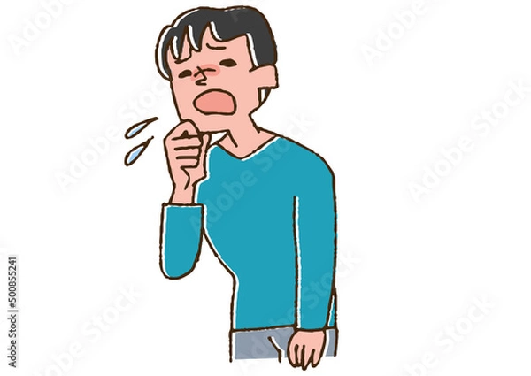 Fototapeta 咳をしている男性　コミカルな手書きの人物　ベクター、線画にカラー