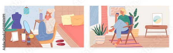 Fototapeta Home leisure activities, landing page design, website banner vector templates. Woman applying facial mask, drinking tea.