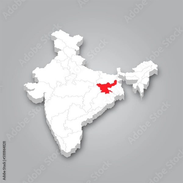 Fototapeta Political Map of India 3D Map of India and Map of Jharkhand are Marked in Red.