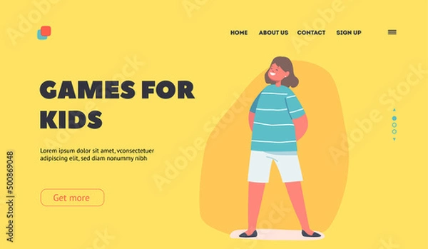Fototapeta Games for Kids Landing Page Template. Happy Little Girl Wear Striped T-shirt. Smiling Child Character Playing, Fun