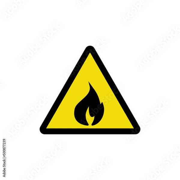 Fototapeta Fire danger icon. Warning sign. Attention gas. Fire hazard zone. The image of a fire flame on a yellow triangle. Flammable substances. Vector icon isolated on white background