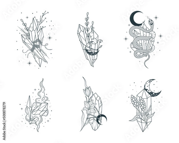 Fototapeta Floral and moon crystals collection. Celestial crystals, crescent moon, flowers isolated set. 6 hand drawn vector magic elements in boho style.