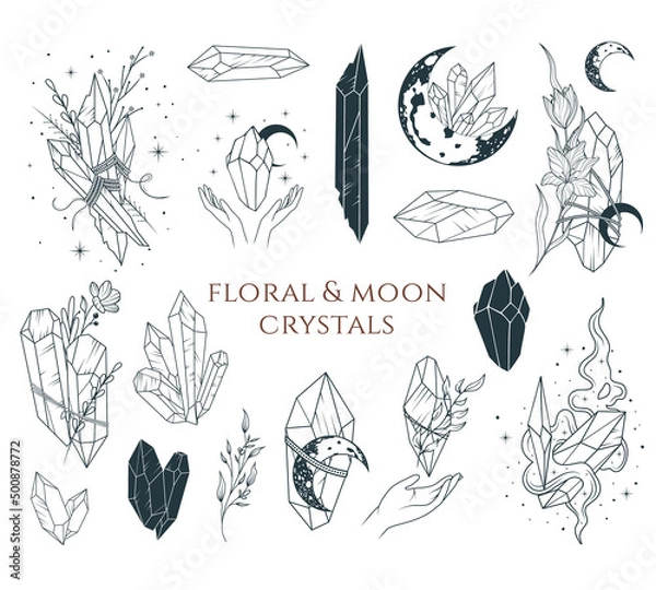 Obraz Floral and moon crystals collection. Celestial crystals, crescent moon, flowers and magic elements isolated set. Hand drawn vector illustration in boho style.