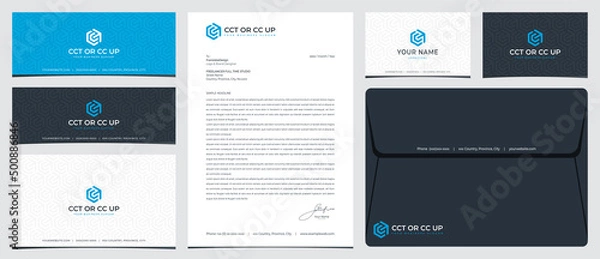 Fototapeta CCT or CC UP hexagonal logo with stationery, business card, and social media banner